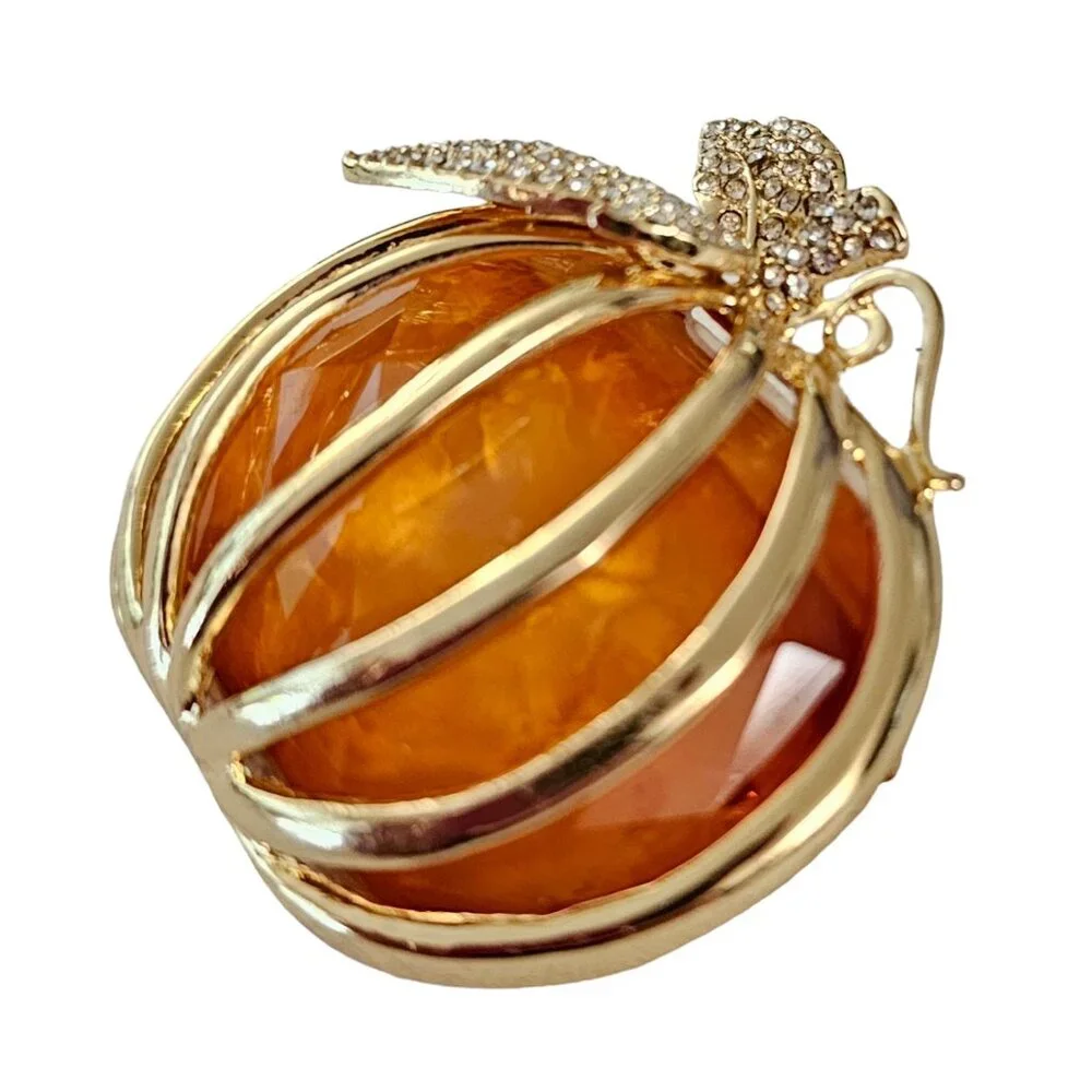 Napier Gold-Tone Caged Orange Resin Pumpkin Rhinestone Leaf Brooch Signed, L98 - Picture 3 of 8